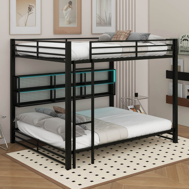 Metal Queen Over Queen Bunk Bed With Storage Cabinets And LED