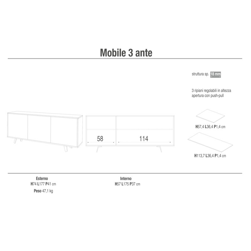 Sideboard 3 Doors Dairis, White Stone/Gloss White
