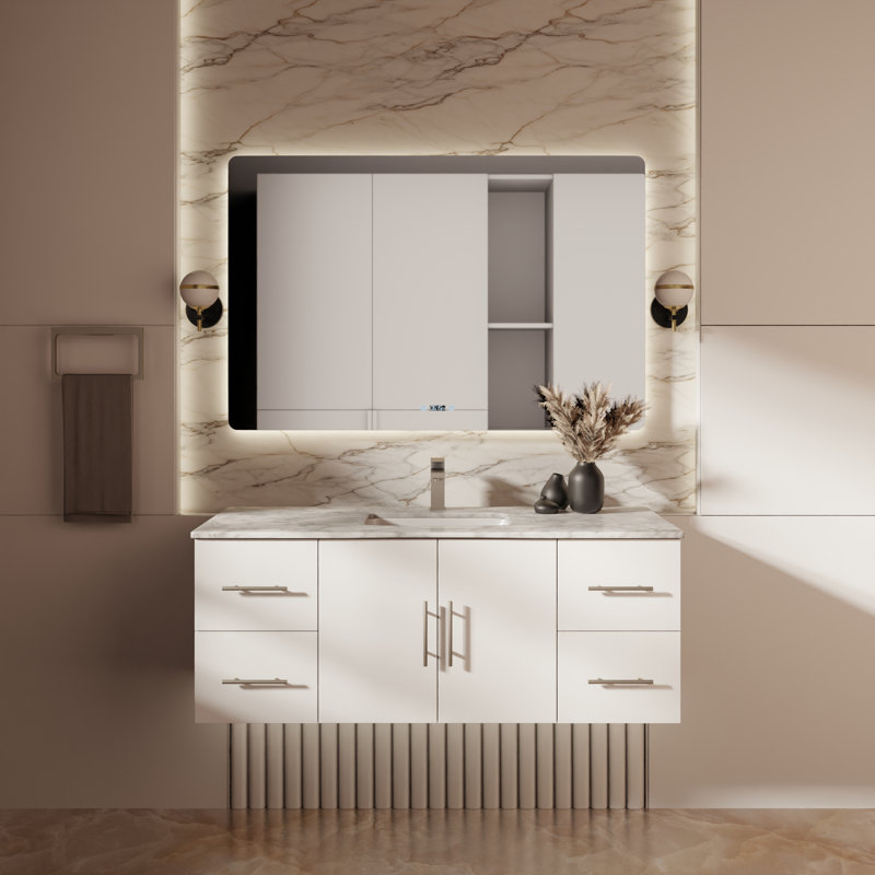 Geneva 48" Wall-Mounted Single Bathroom Vanity Set, Glossy White, White Carrara Marble