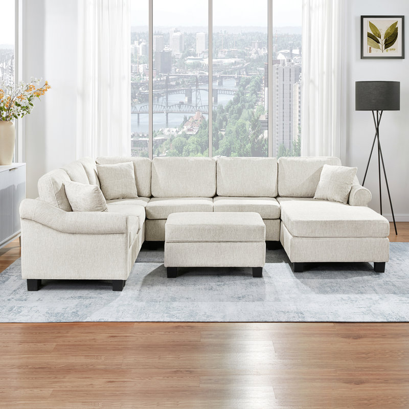 Canapé modulaire Canapé rembourré en chenille de 111,8 po en U avec repose-pieds de rangement mobile pour le salon, blanc
