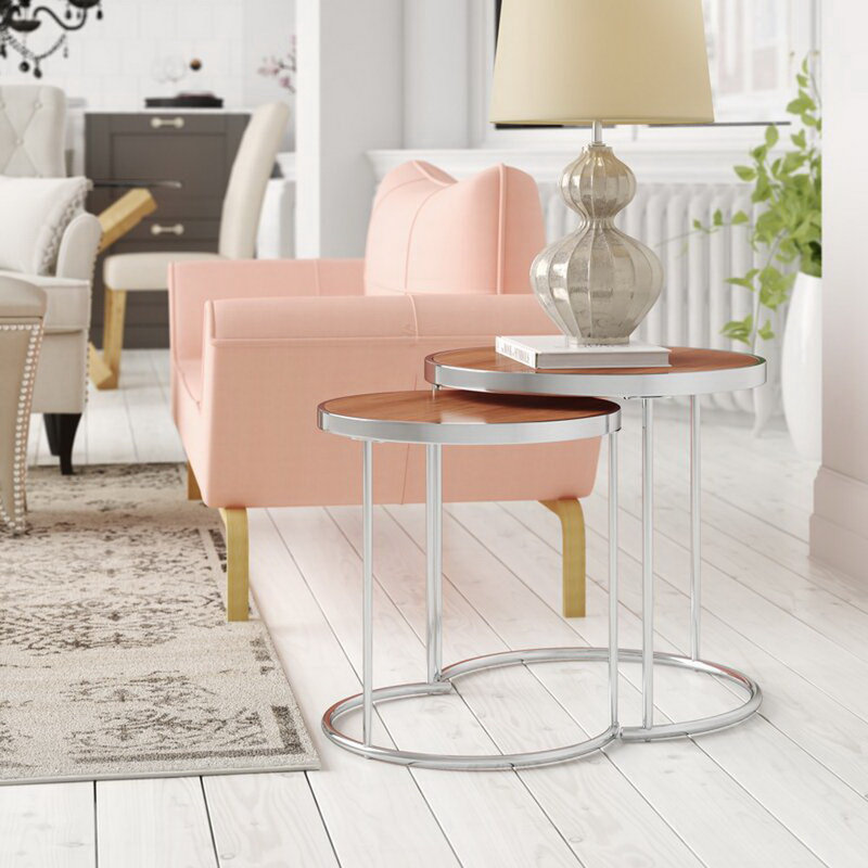 Middlewich Glass Top Frame Nesting Tables, Silver, Walnut Wood