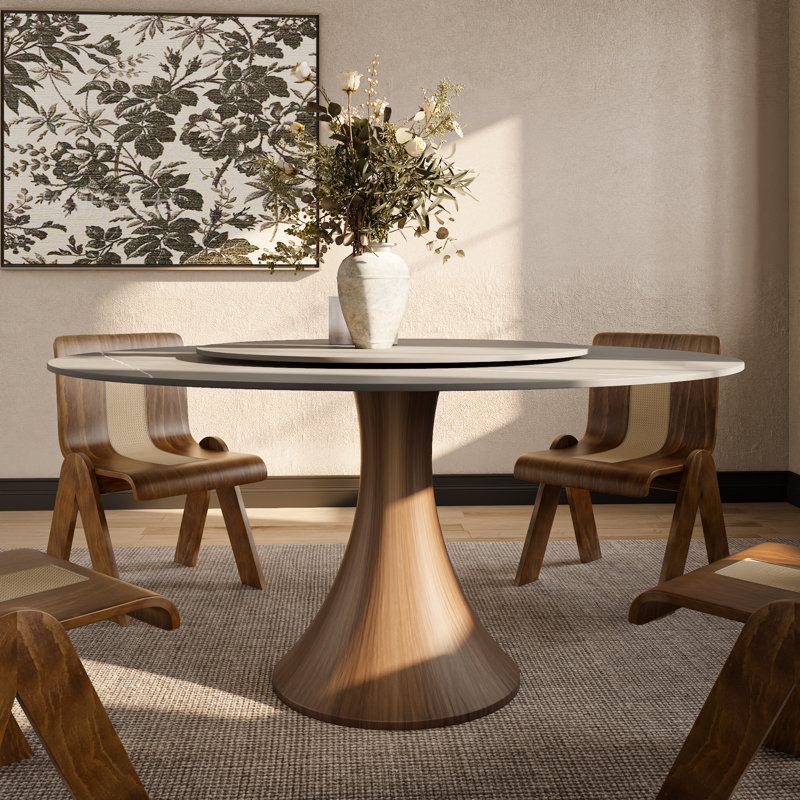 Table de salle à manger ronde de luxe gris avec base en bois massif et plateau tournant pour 6 à 8 personnes