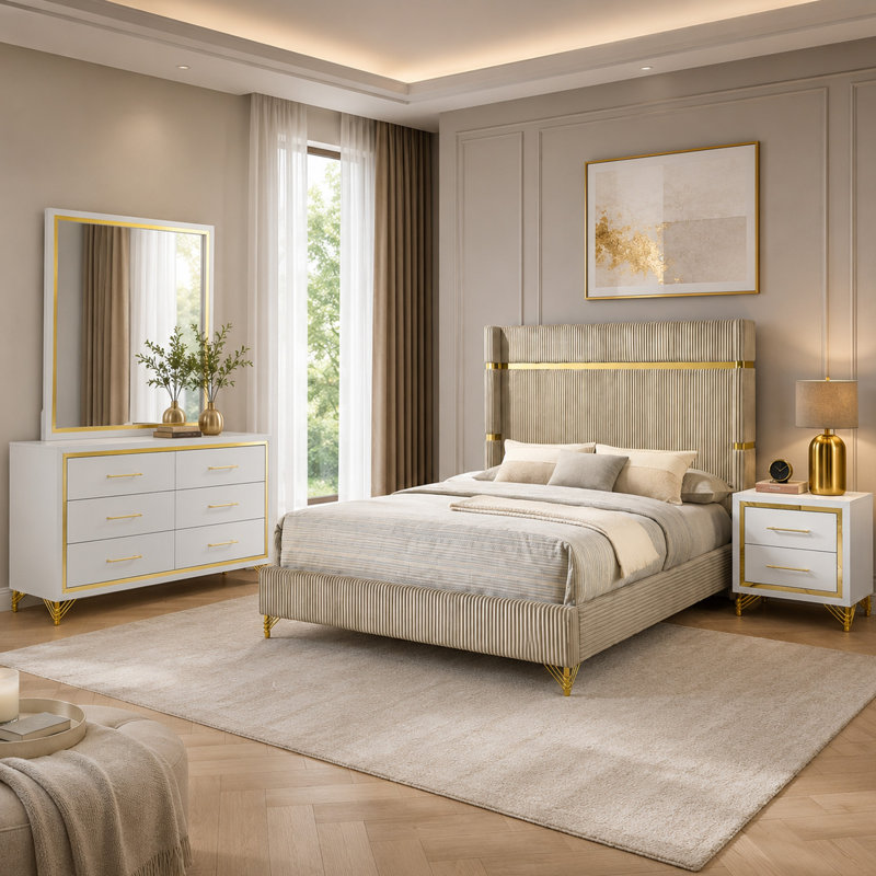 Ensemble de chambre à coucher 4 pièces Jenny, Grand lit, Blanc / Beige / Or