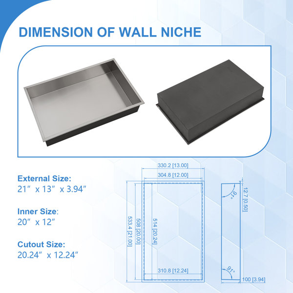 21x13 SUS304 18-Gauge Recessed Shower Niche Dimension Diagram
