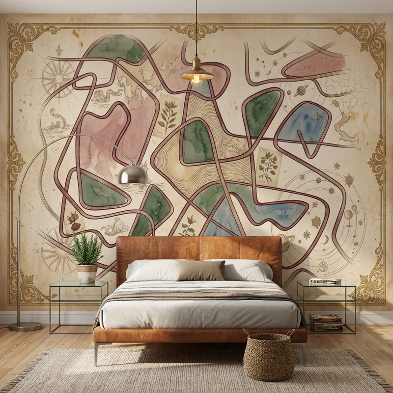 Muted Green Wallpaper Vintage Removable Celestial Wall Decor, 200"x120", Textured Non-Pasted