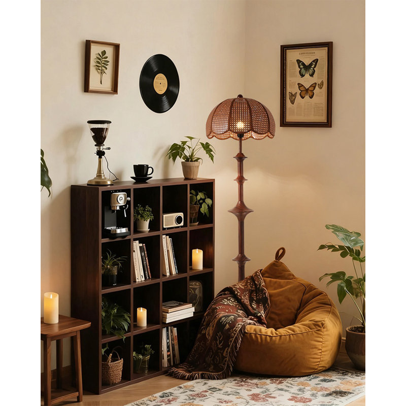 French Mid-Century Wrought Iron & Rattan Floor Lamp
