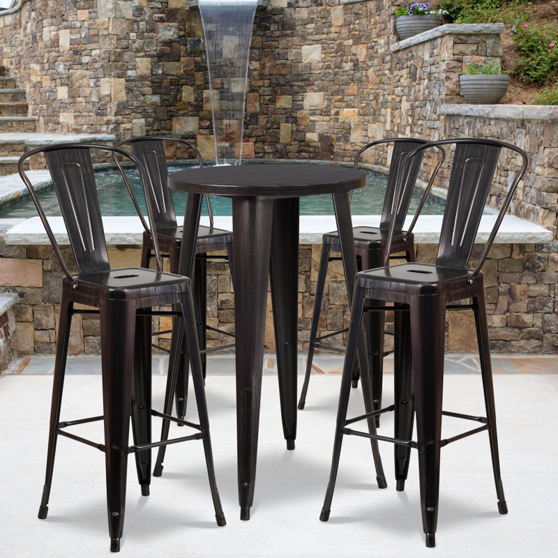 Williamston Round Metal Indoor-Outdoor Bar Table Set with 4 Cafe Stools, Black/Antique Gold, 41" H x 24" W x 24" L