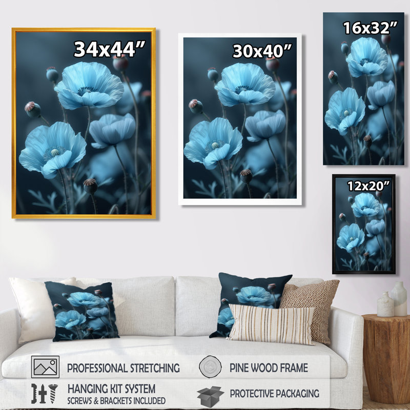 «Blue Blue Natures Nuance Poppies III - Poppies», reproduction d'art murale, Toile avec cadre flottant noir