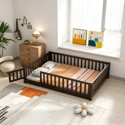Floor Bed, Kids Floor Bed Frame With Full Surround Safety Guardrail And Flip Open Gate Door, No Box Spring Required, Safe Sleep Furniture For Kids Bed