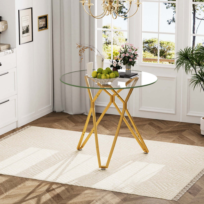 Table de salle à manger ronde en verre trempé à cadre doré 35,4 pouces, petite table de cuisine peu encombrante pour 1 à 4 personnes