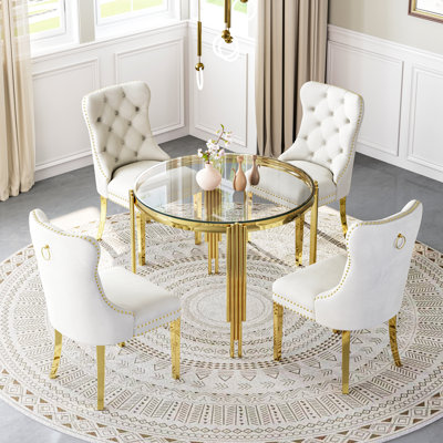 37"Modern Glass Dining Table Set, Irregular Stainless Steel Table Legs And Velvet Tufted Backrest Chairs