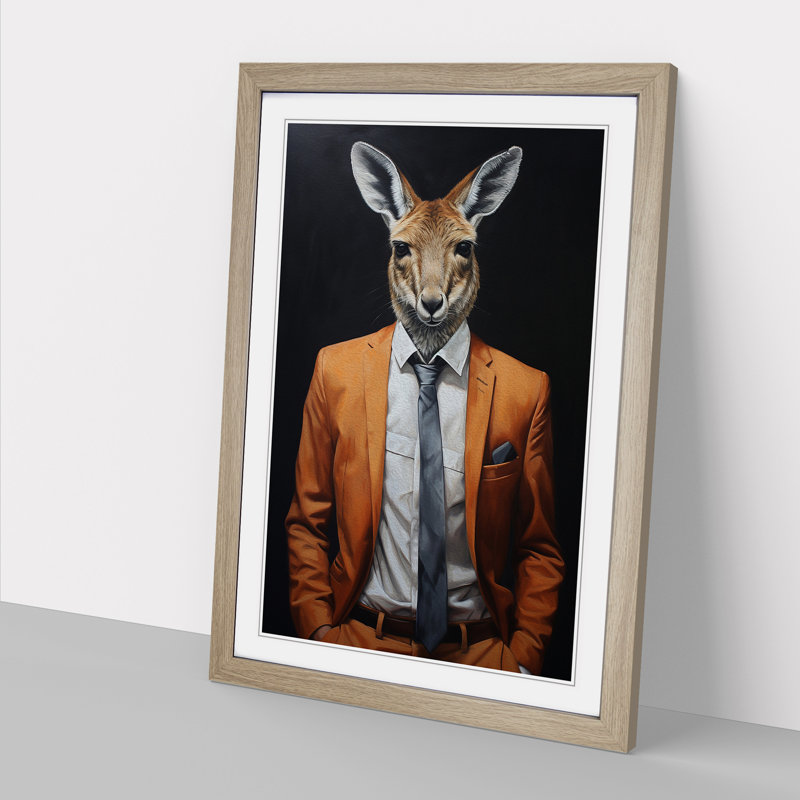 Kangaroo In A Suit Painting No.2 - Single Picture Frame Print on Wood, 34cm H x 25cm W x 2cm D, Oak Framed