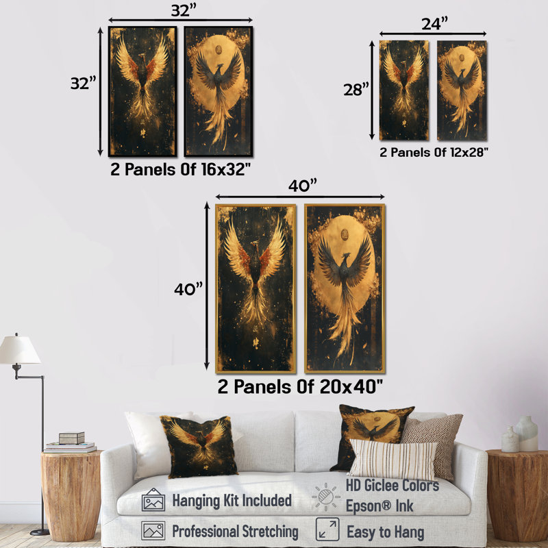 «Phoenix Emblem I - Phoenix Wall Art», ensemble de 2 pièces, Cadre flottant doré, H 40 po x l 40 po