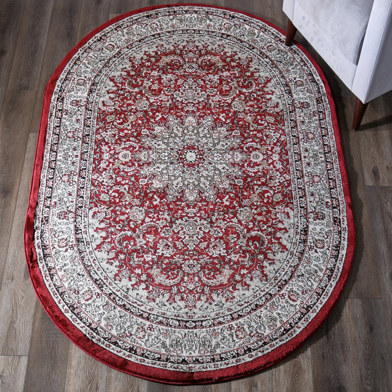 Holliwood Oriental Beige/Red Area Rug, Oval 5'2" x 7'5"