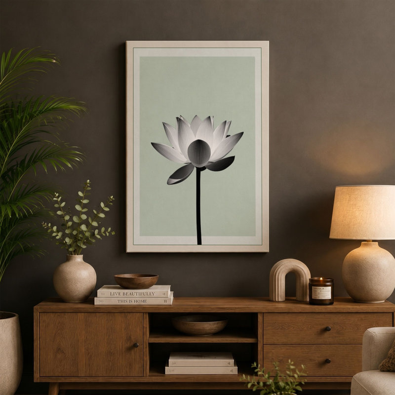Lotus in Stillness Botanical - Wrapped Canvas, 30x20 - 76.2 x 50.8 cm, Teal Border