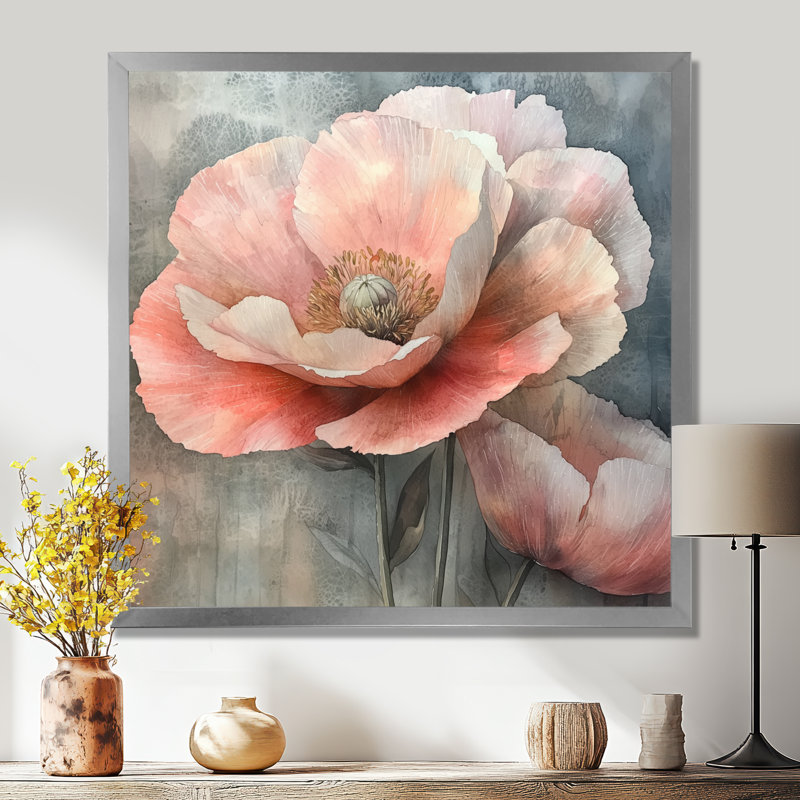 Pivoine rose délavée sur pierre - coquelicots, art mural, Reproduction encadrée d'une seule photo, Argent argent