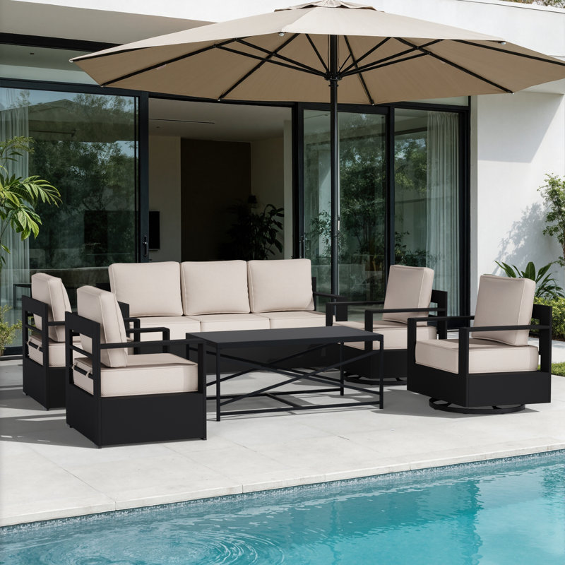 Abdullah 6-Piece Outdoor Aluminum Patio Conversation Set with 6 in. Beige Cushions, Beige