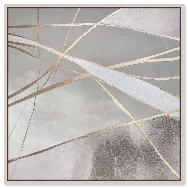 Abstrait minimaliste sur toile champagne et platine par Art Remedy, Encadrement argenté, H 31 po x l 31 po x P 2 po
