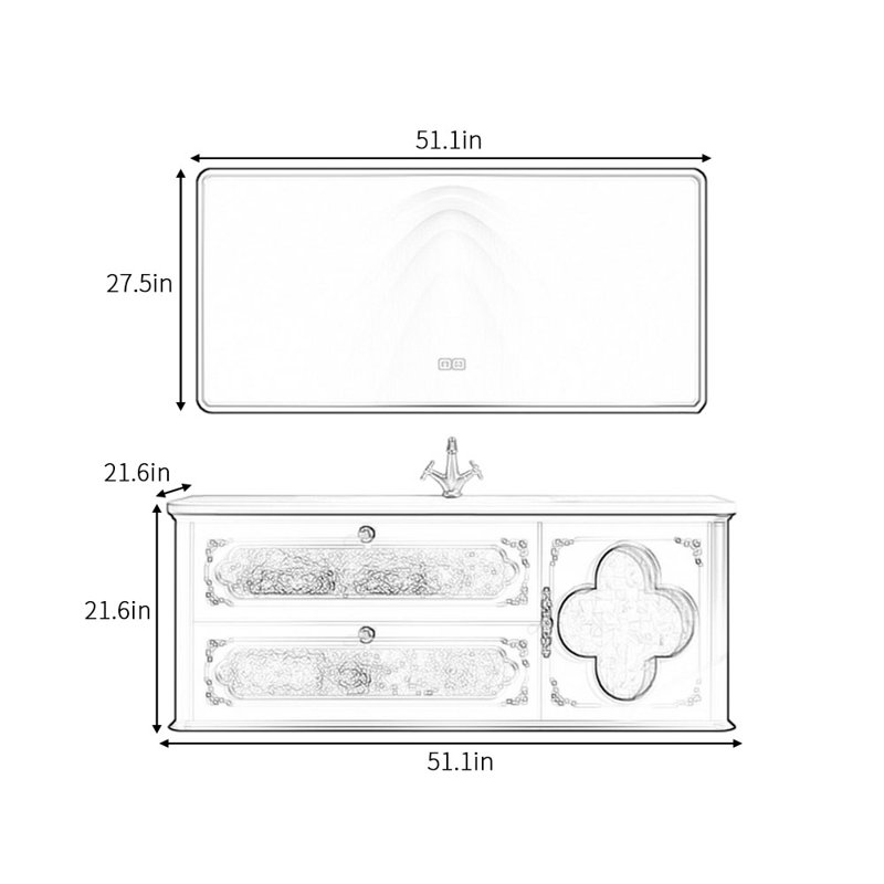 Armoire de salle de bain rétro française, H 21,6 po x l 51,1 po x P 21,6 po