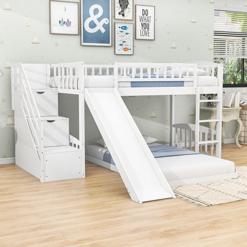 Lit superposé simple convertible avec glissière et échelle, Blanc