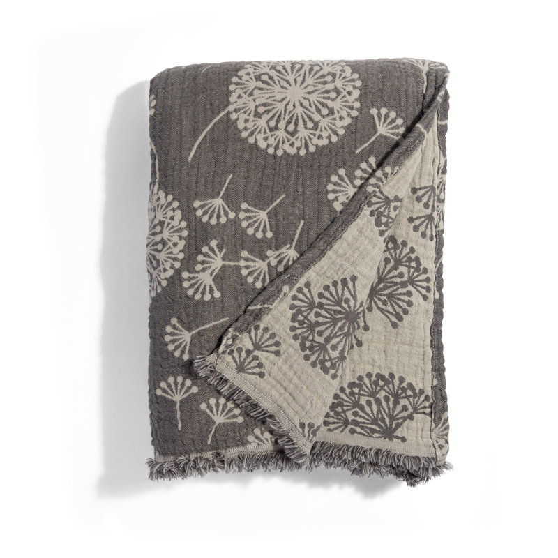 Dandelion Reversible Muslin Turkish Throw Blanket, Lightweight, 100% Organic Cotton, 92" x 65", Grey