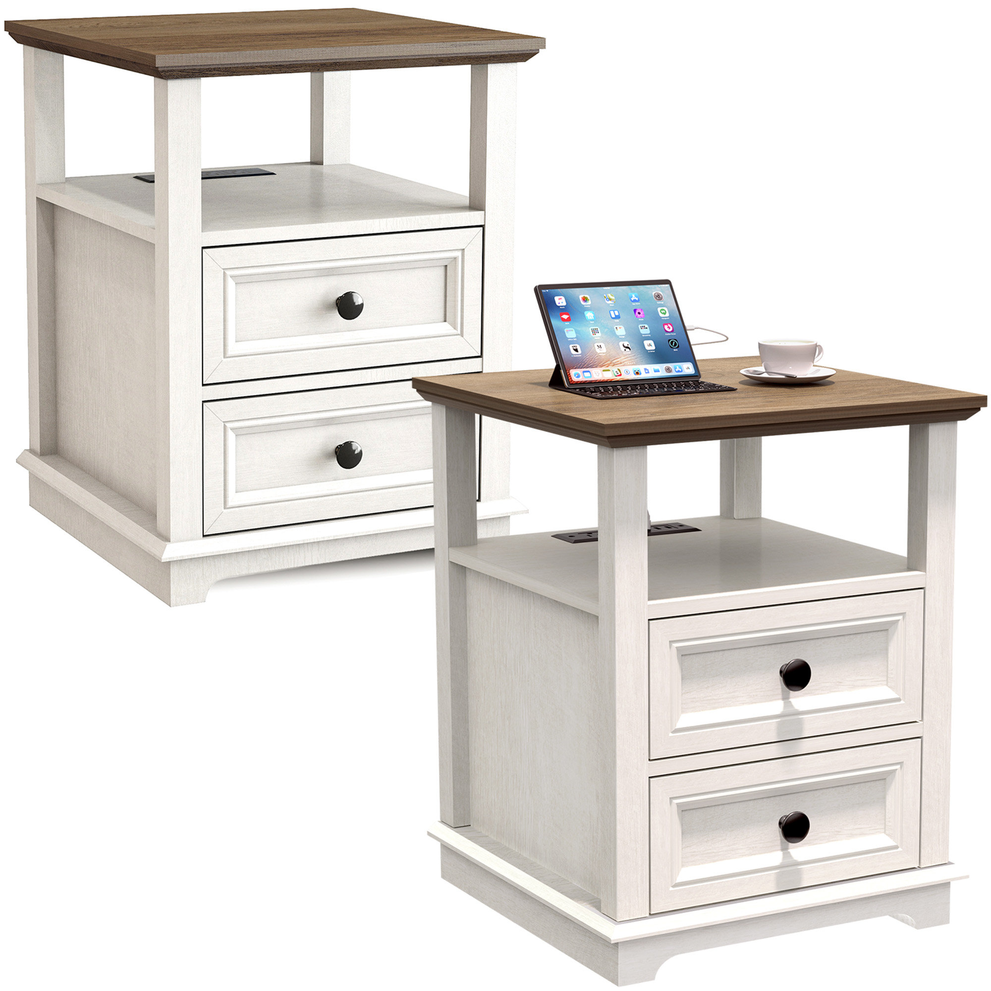 Tables De Chevet Avec Prises Et LED - Lot De 2 Avec Tiroirs, Design Moderne Noir