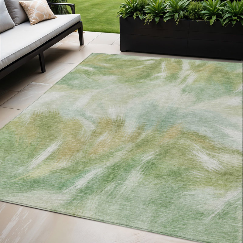 Tapis extérieur lavable abstrait vert et ivoire 5 pi x 8 pi