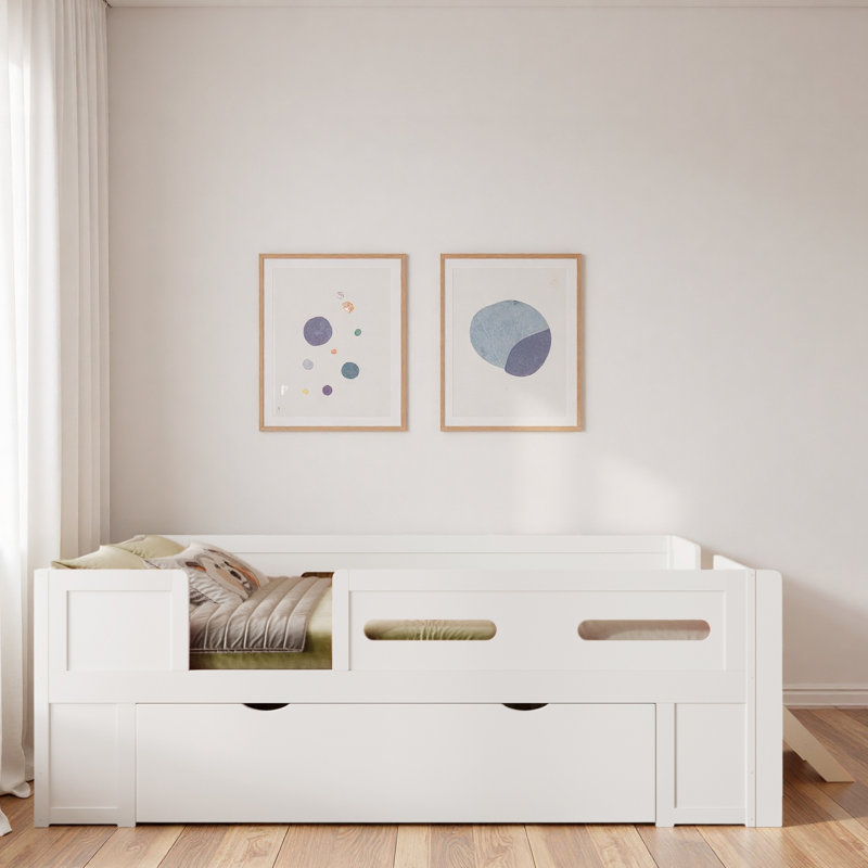 Lit plateforme en bois avec garde-corps et tiroir, Lit double, Blanc