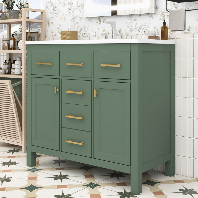 Elegant Wood Bathroom Vanity with Glossy Basin and Ample Storage Space, Green