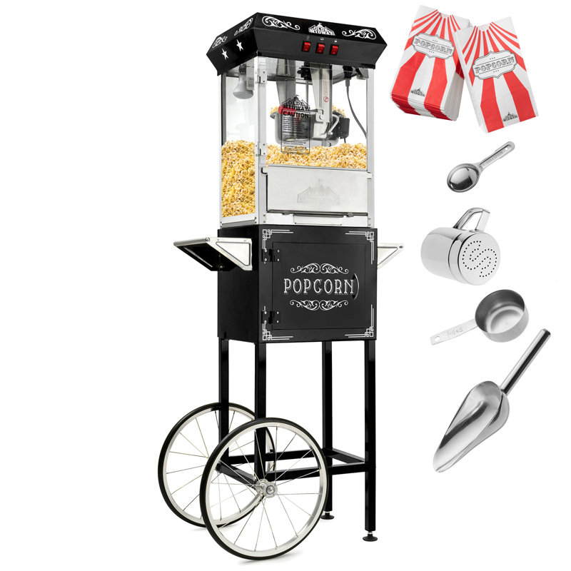 Vintage Black Popcorn Machine with Cart and 10-Ounce Kettle