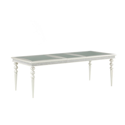Table de salle à manger extensible avec insertions en miroir et incrustations de strass pour une réception élégante.