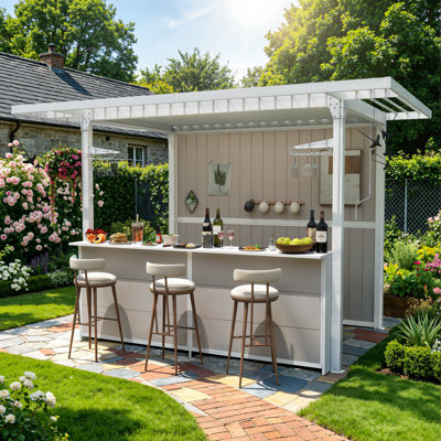 Pergola métallique à persiennes réglables avec comptoir de bar intégré et armoire de rangement, belvédère de patio extérieur résistant aux intempéries pour divertissement sur la terrasse arrière