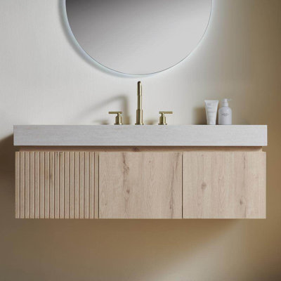 Meuble-lavabo de salle de bain 48 po Muri, meuble de rangement flottant en contreplaqué avec tiroir et portes, plateau en pierre frittée Roma Travertine et lavabo en céramique avec 3 trous de robinet pré-percés, pré-assemblé, grain de bois de chêne blanc