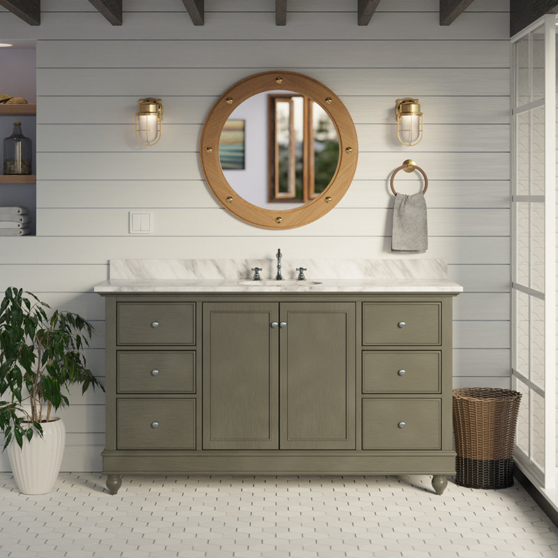 60'' Single Bathroom Vanity with Top, Carrara Marble, Weathered Gray