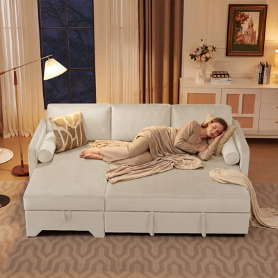 L-shaped Velvet Upholstered Sleeper Sofa and Chaise with Toss Pillows