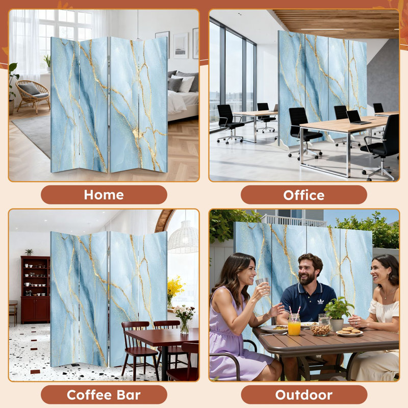Paravent 4 panneaux à cloison pliable Royal Abstract Blue Marble Gold Veins Sparkles, H 71 po x l 64 po x P 1 po, 4