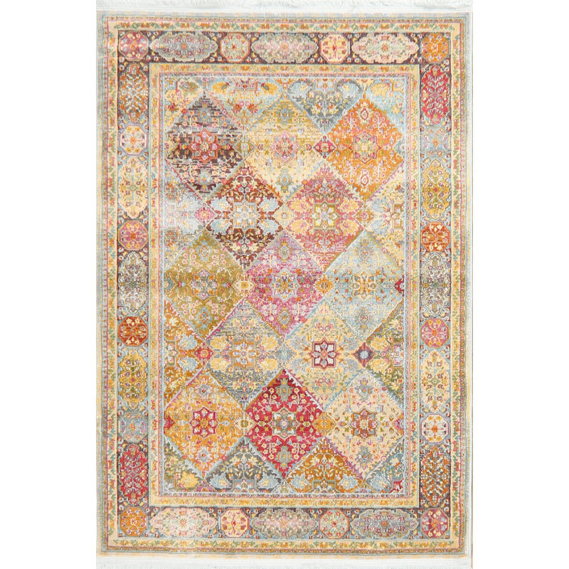 Tapis oriental vert / orange / beige, Rectangle 3 pi 11 po x 5 pi 7 po