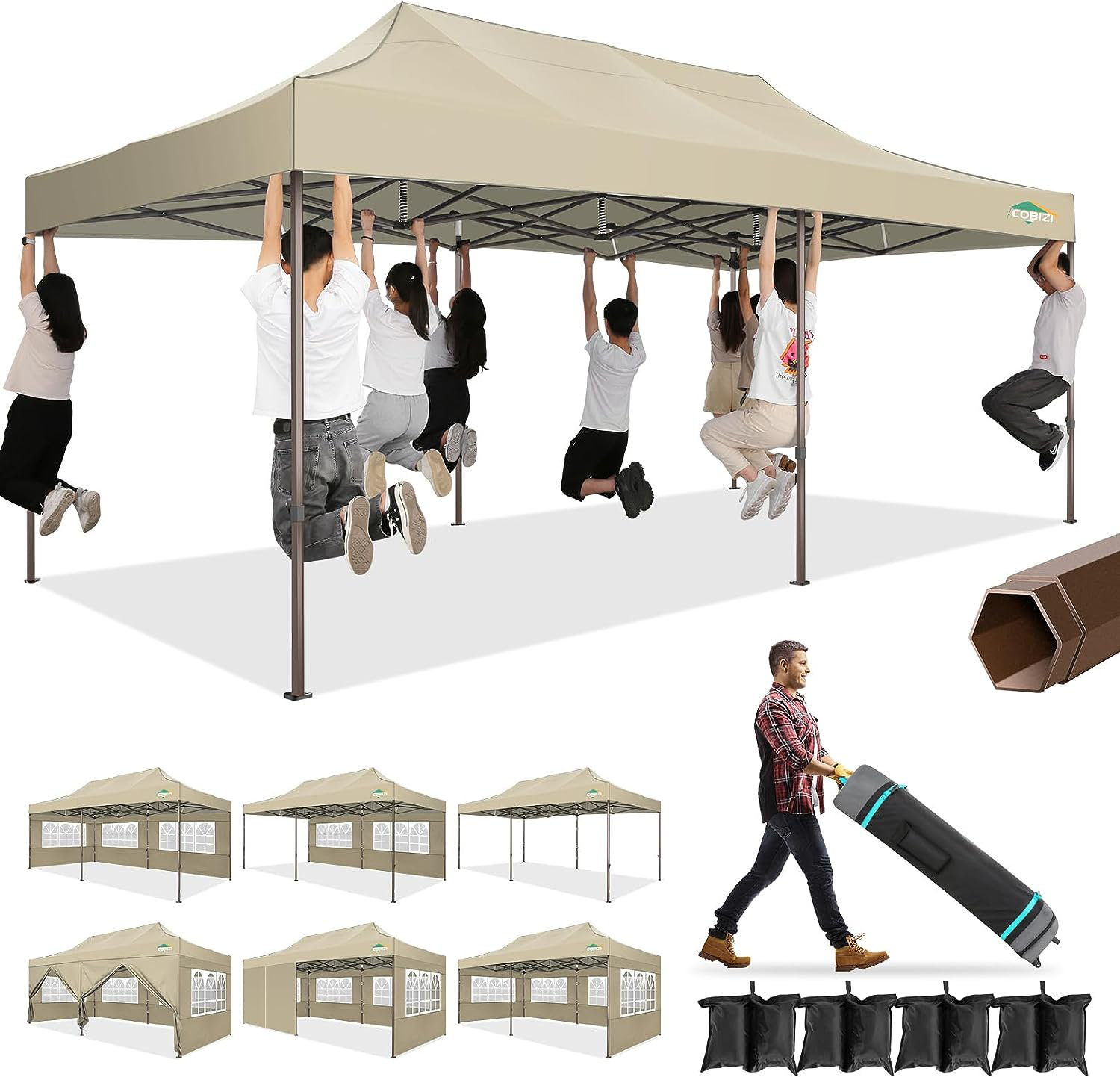 Upgraded Legs 10x20 Heavy Duty Pop Up Canopy Tent Waterproof Wedding Tent with 6 Removable Sidewalls DreamDwell Home Roof Color: Khaki