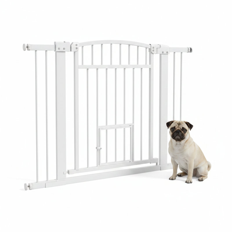 Barrière pour animaux de compagnie avec conception de passage, comprend une large ouverture et une porte de chat intégrée