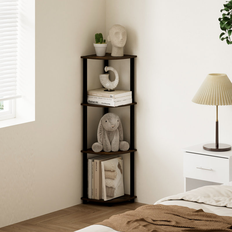 4-Tier 43.5" Corner Bookshelf, Open Shelves for Display and Storage, Amber Pine; Black