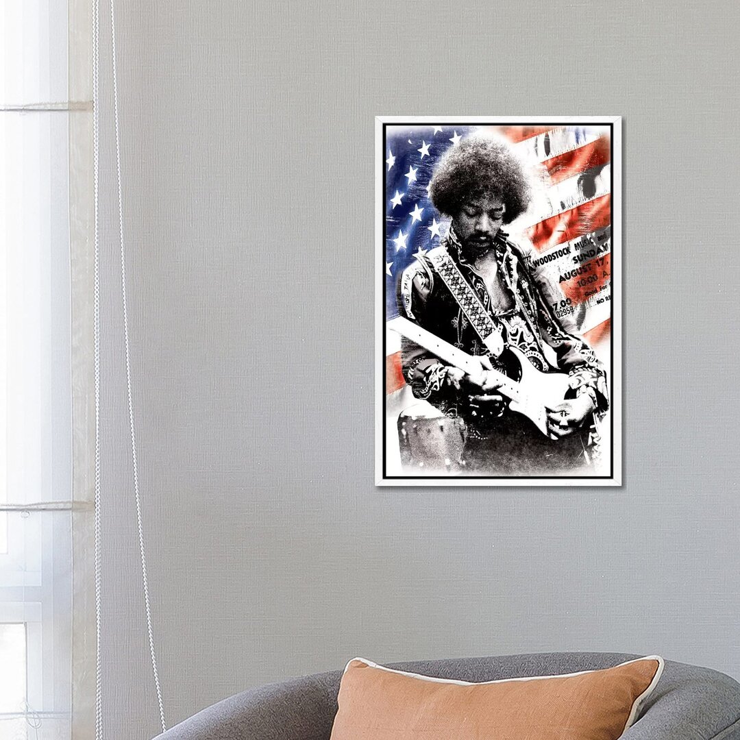 Fotodruck Jimi Hendrix (Hintergrund amerikanische Flagge)