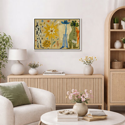 Folk Art Figures and Floral Artwork, Living Room Pictures, Framed Canvas Giclee Print Wall Art