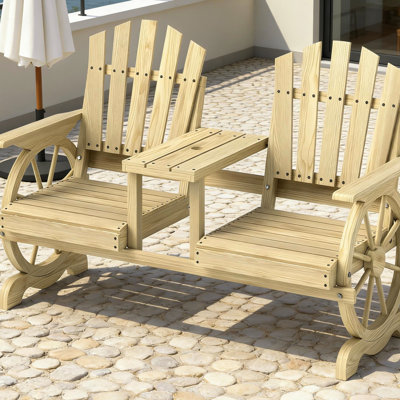 Banc de patio à 2 places avec pieds en forme de roue de chariot, haut, table centrale et parasol, bois de sapin, couleur bois naturel, l 60,6 po x P 25,6 po H 40,2 po, conception à lattes pour la prévention des pieds de jardin en bois