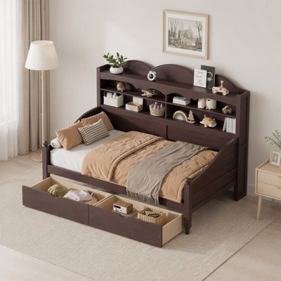Twin Retro Solid Wood Daybed, Storage Drawers & Headboard Open Storage Shelving, Espresso