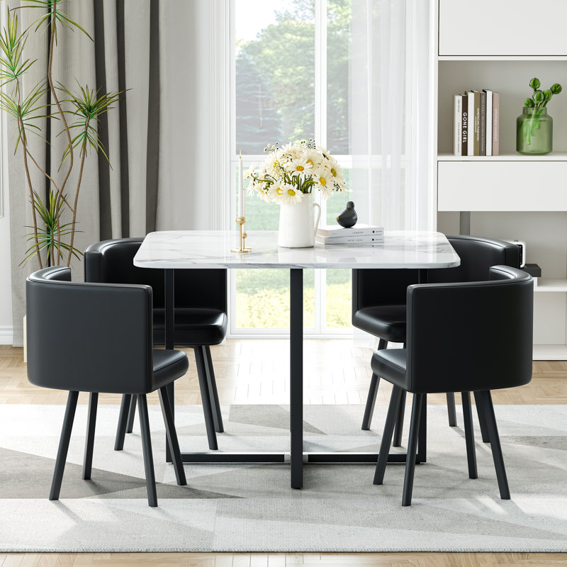 5-Piece Faux Marble Dining Set, 40" Marble Pattern Tabletop with 4 Upholstered Triangle Faux Leather Dining Chairs and Black Metal Legs