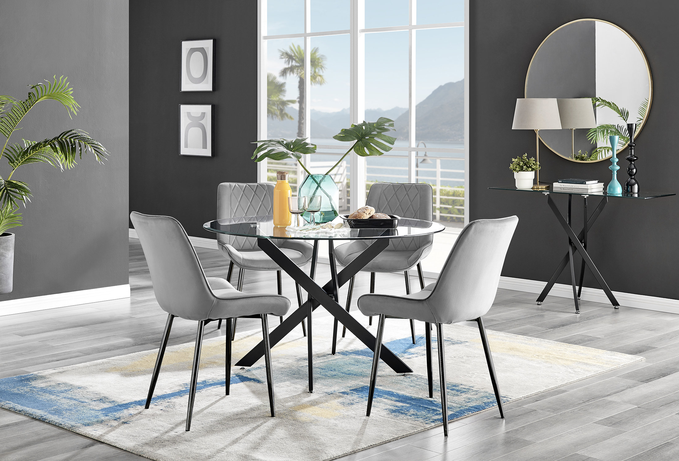 East Urban Home Tierra Sleek Metal And Glass 4 Seat Round Dining Table Set With 4 Luxury Velvet 0113