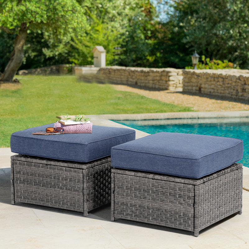 Repose-pieds en osier avec coussin (ensemble de 2), Structure grise / coussin bleu marine