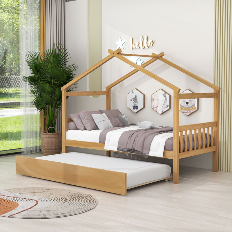 Lit de jour en bois avec lit gigogne simple, pieds et lattes, Simple, Naturel