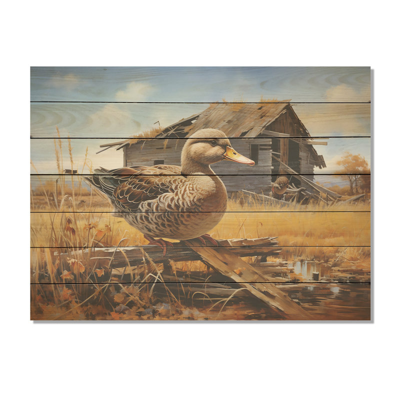 «Waddling Duck At The Barn II» - animal canard sur bois, H 24 po x l 32 po x P 0,78 po
