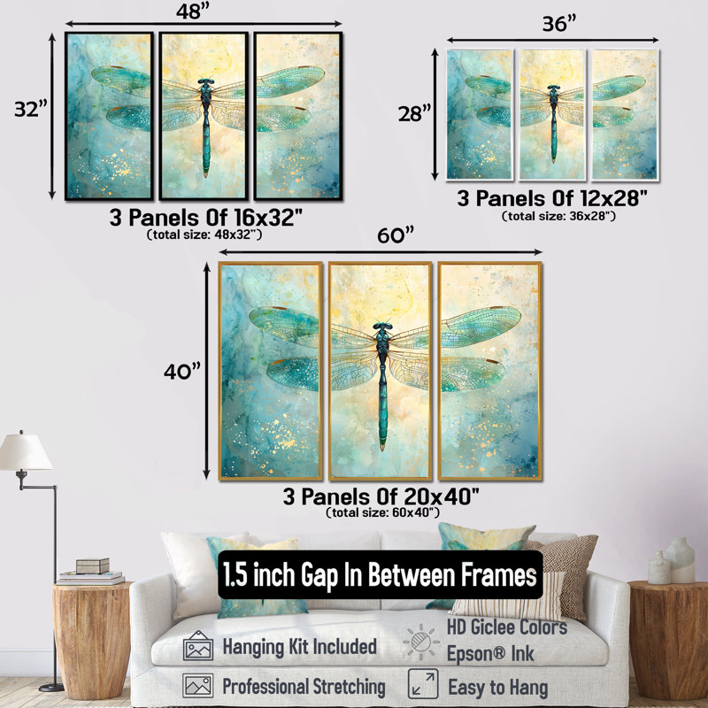 Emerald Dragonfly Iridescent Wings I - ensemble de reproductions d'art mural libellule, Brown, 28" H x 36" W